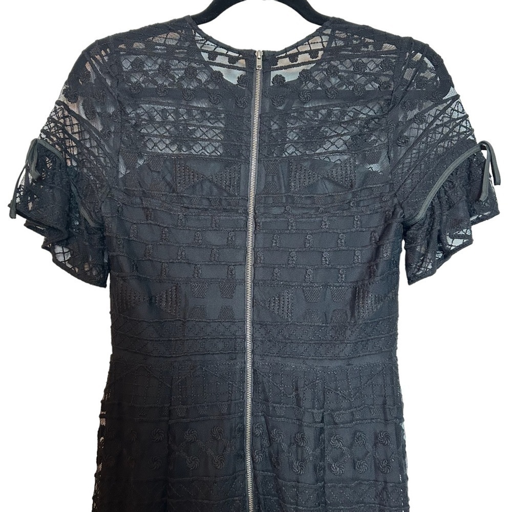 Parker Short Sleeve Lace & Lace Up Front Tiered Ruffled BLACK Lined Midi Dress - Picture 10 of 16